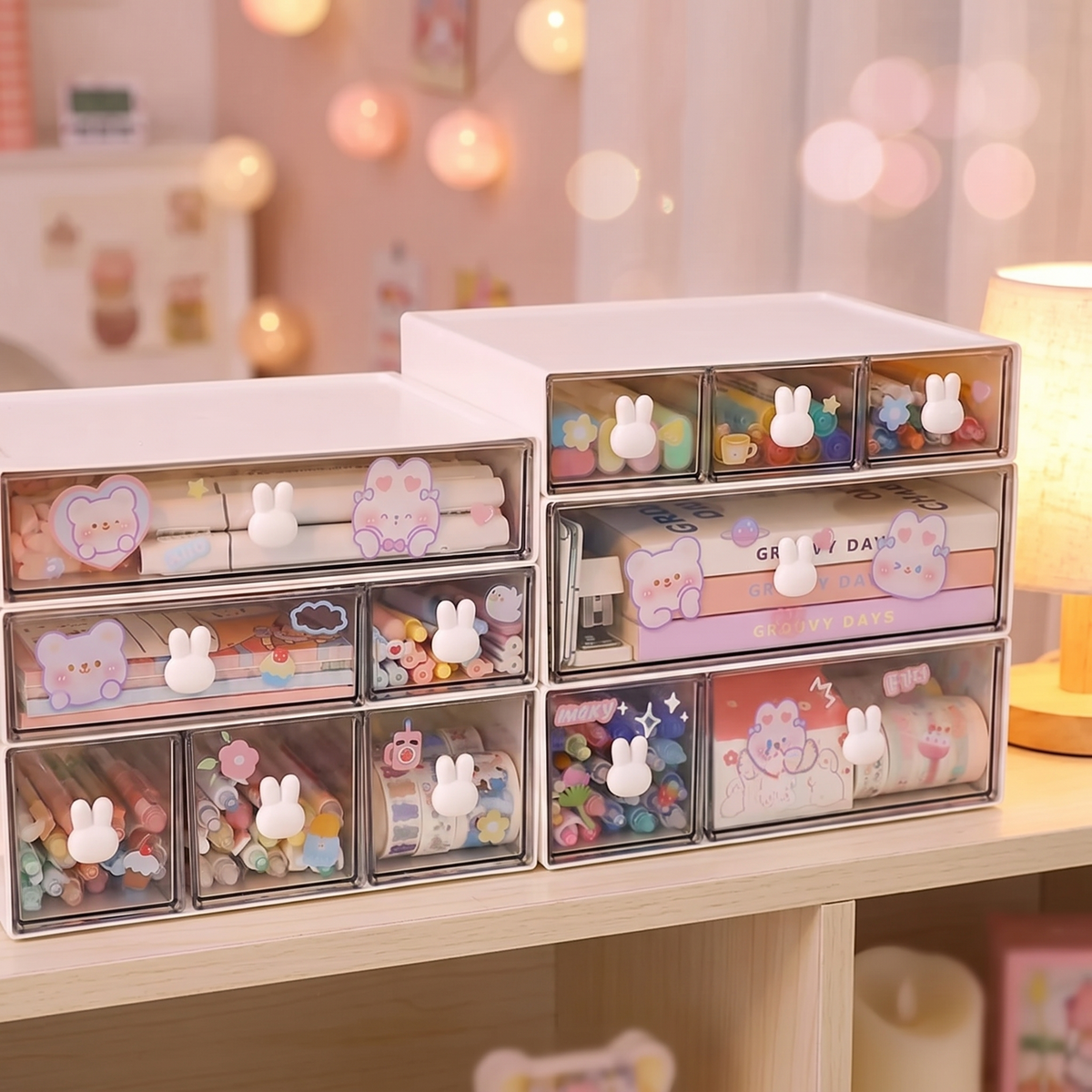 Bunny handle storage box on a shelf at night