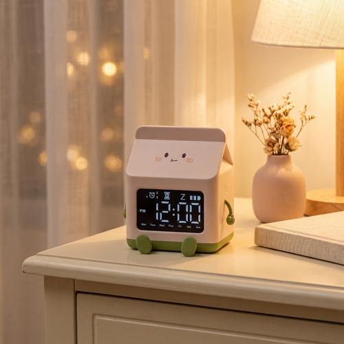 Milk carton alarm clock on a nightstand