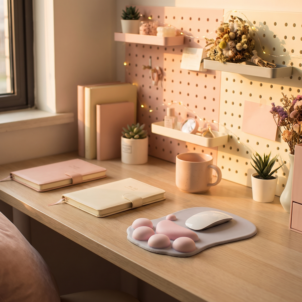 Anime mouse pad in a bedroom desk corner