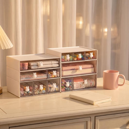 Bunny handle storage box on a cream desk