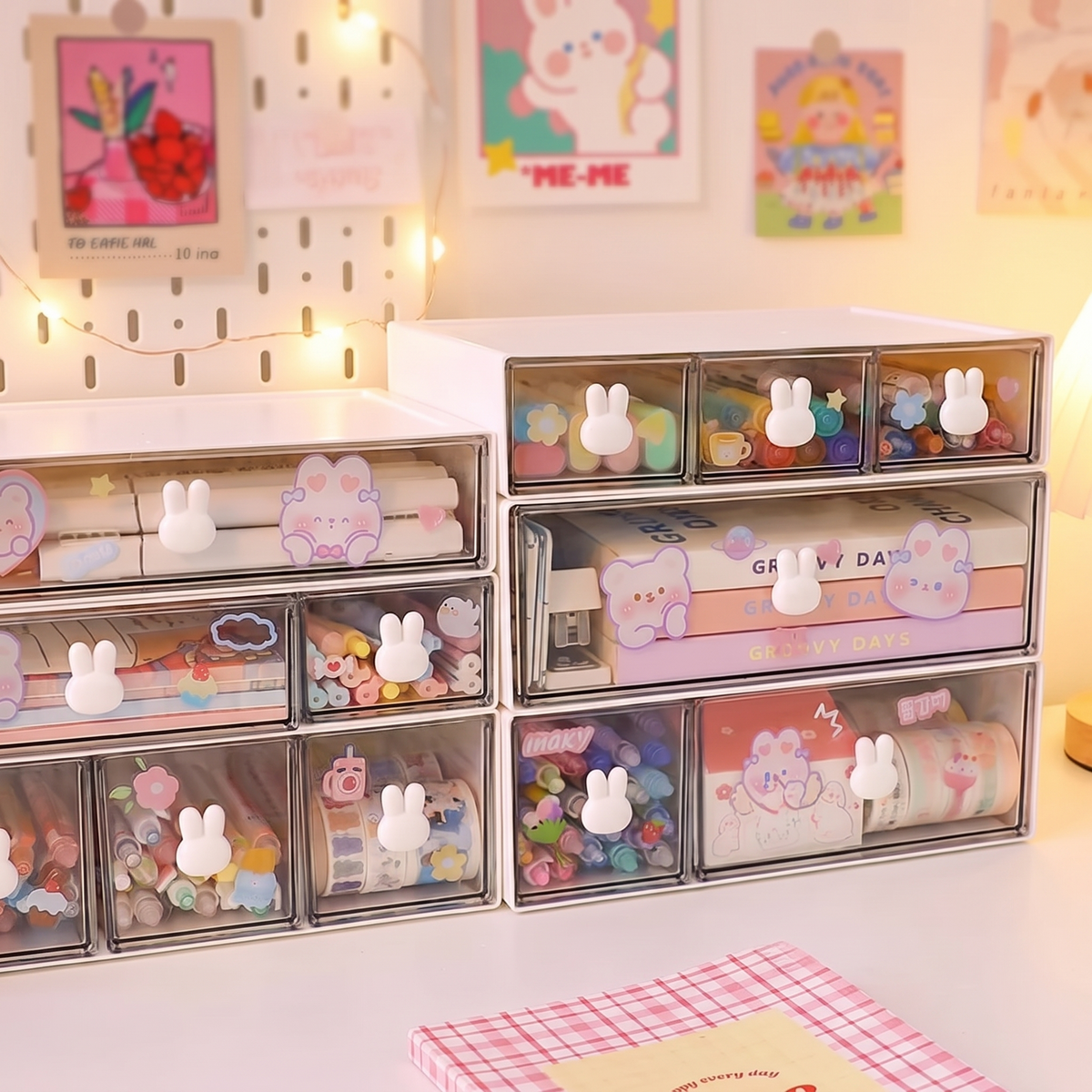 Bunny handle storage box in a bedroom desk corner