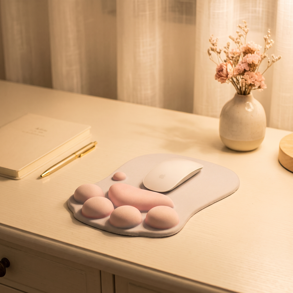 Anime mouse pad on a cream desk