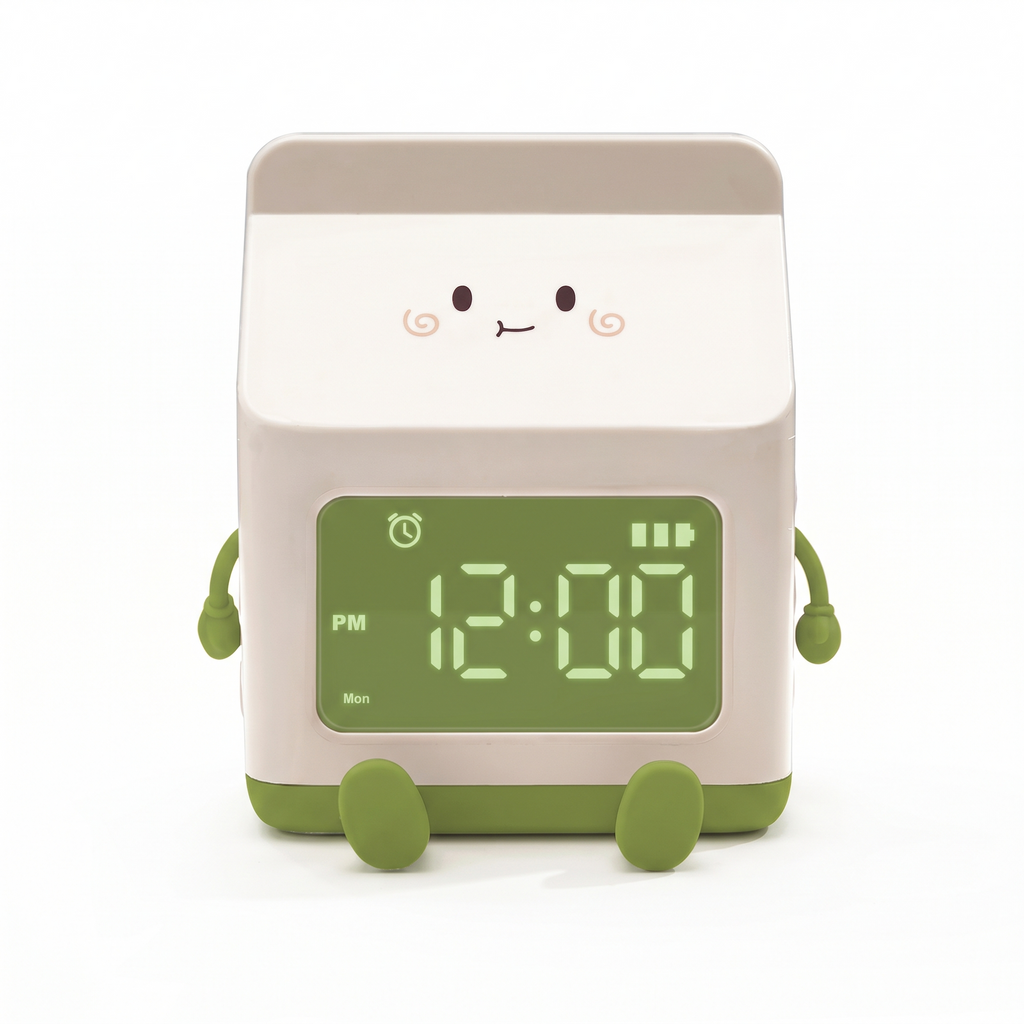 Milk carton alarm clock on white