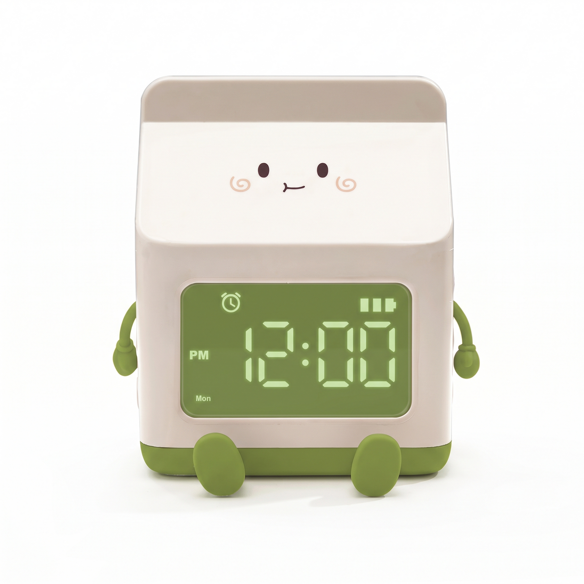 Milk carton alarm clock on white