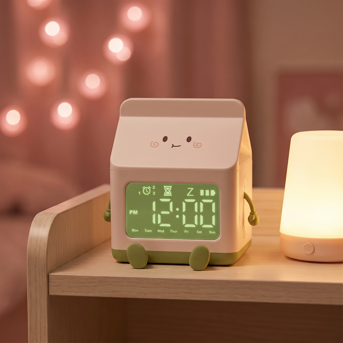Milk carton alarm clock on a shelf at night