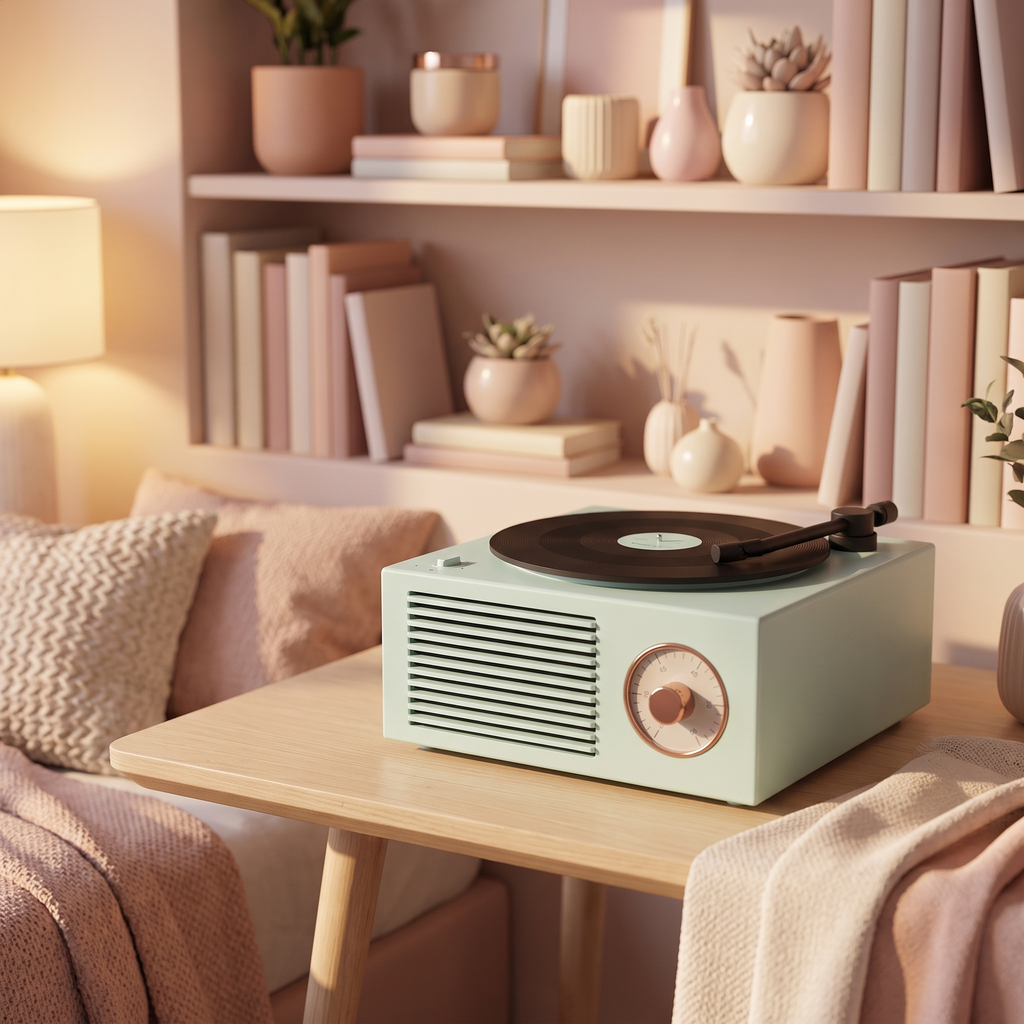 Retro vinyl speaker in a bedroom desk corner