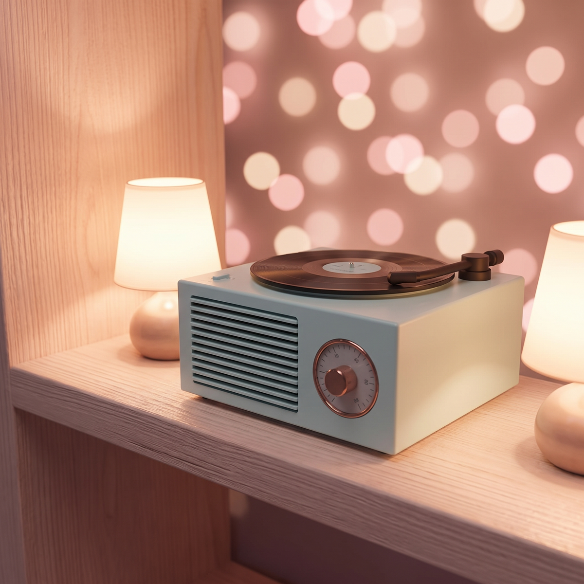 Retro vinyl speaker on a shelf at night