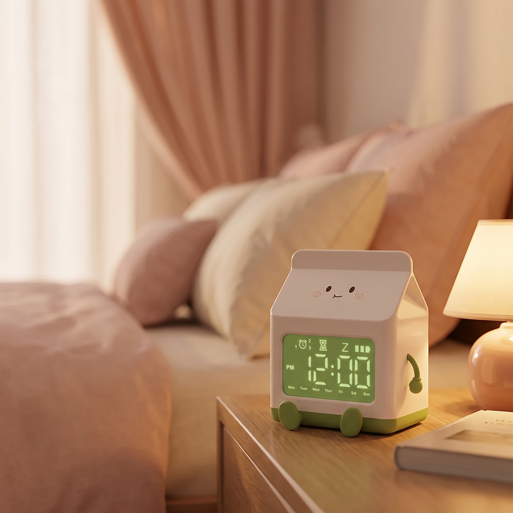 Milk carton alarm clock in a cozy bedroom