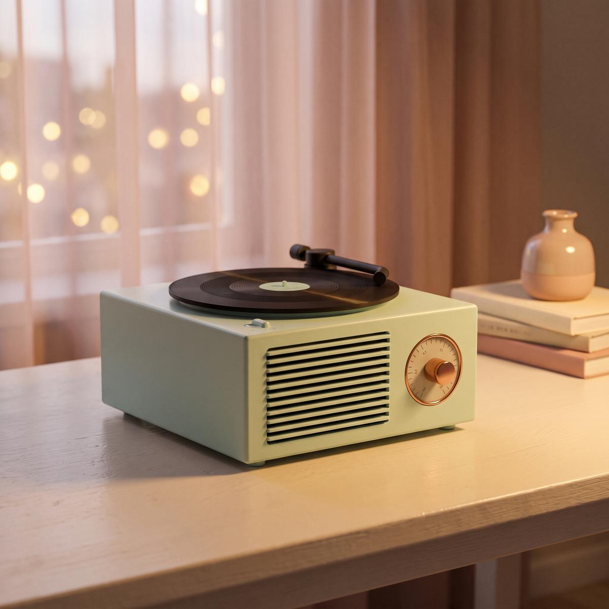 Retro vinyl speaker on a cream desk