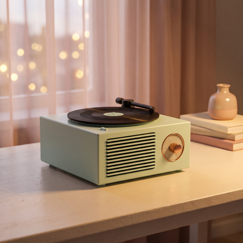 Retro vinyl speaker on a cream desk