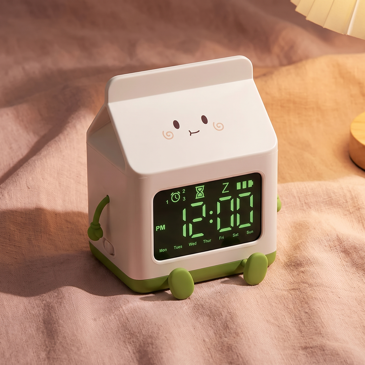 Close up of the milk carton alarm clock