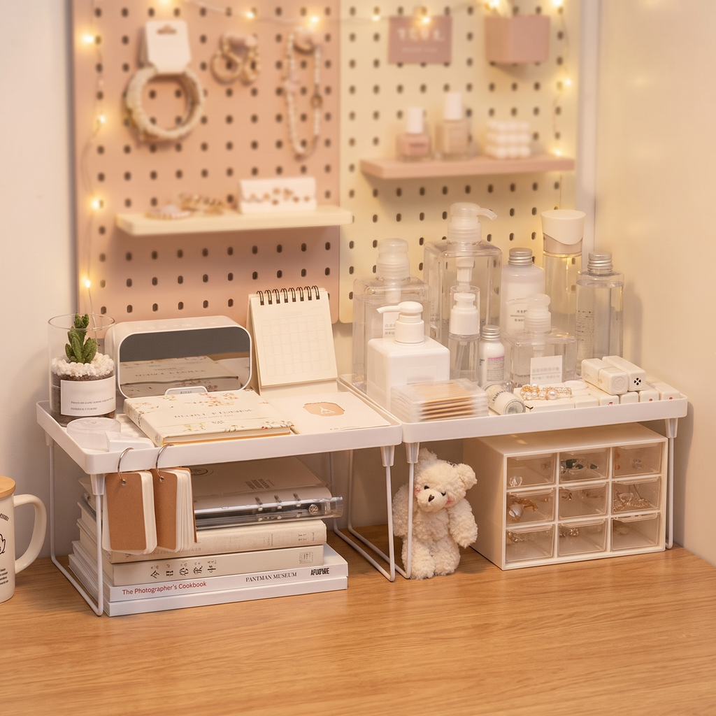Desktop storage shelf in a bedroom desk corner