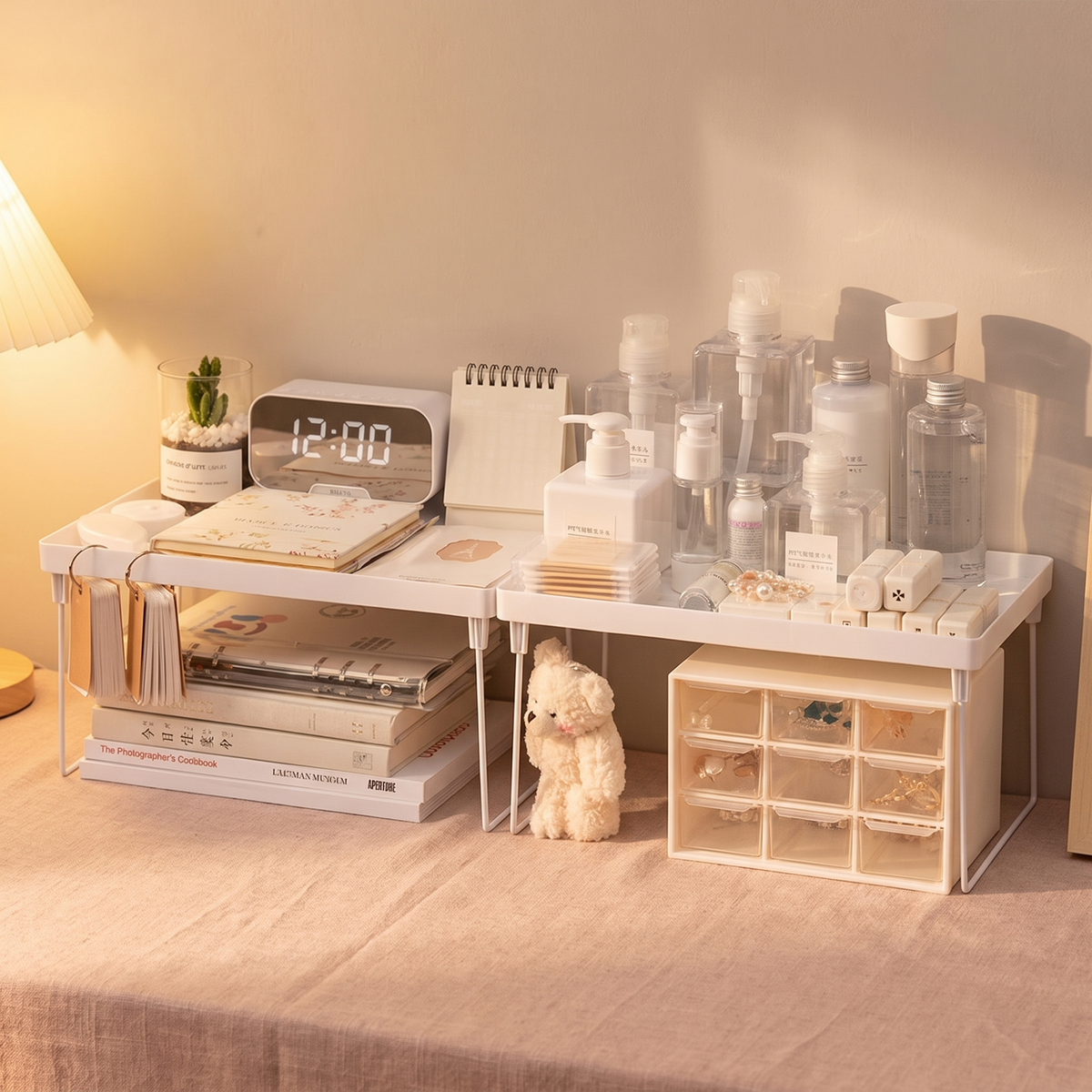 Close up of the desktop storage shelf