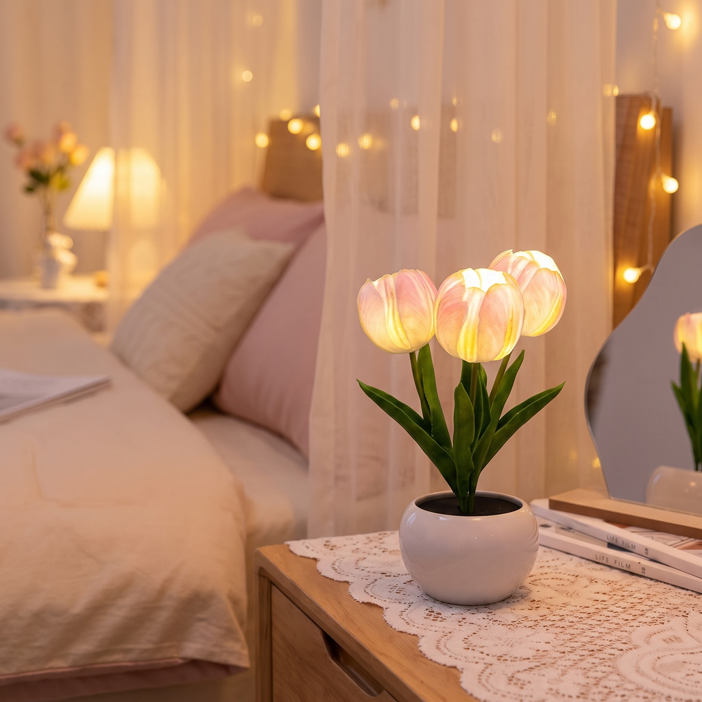 Tulip night light in a cozy bedroom