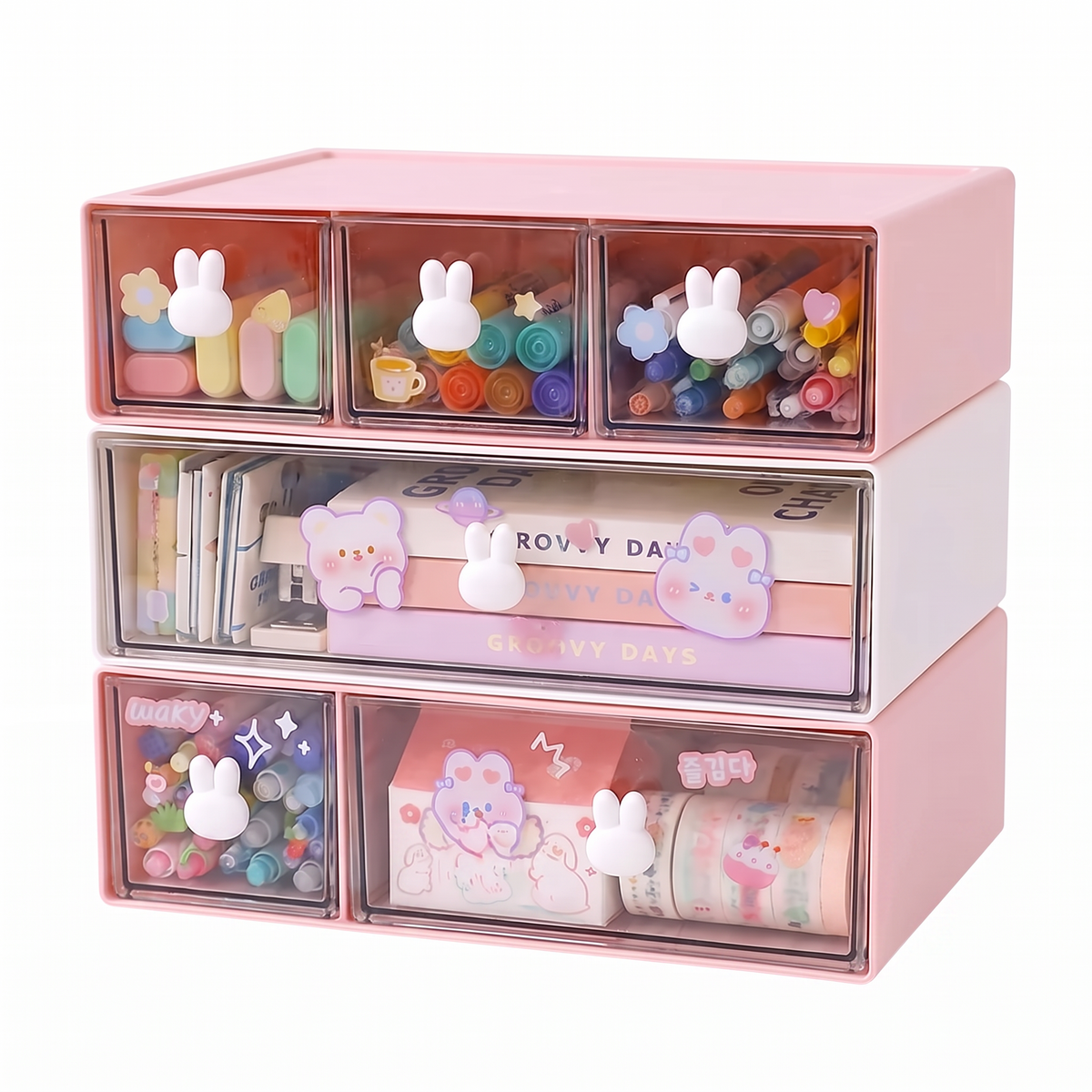 Kawaii bunny handle desk storage box on flat white