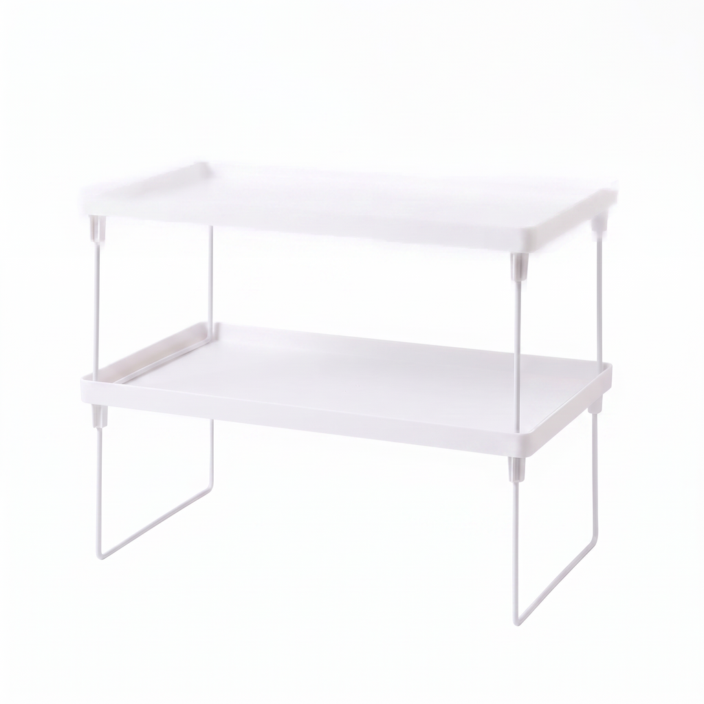 White desktop storage shelf on flat white